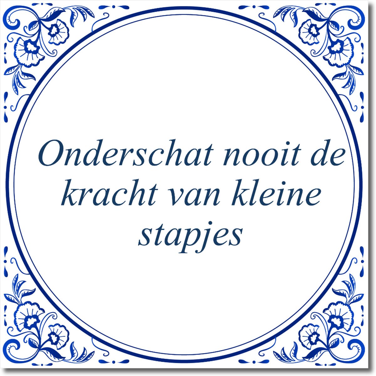 De Tegeltjesfabriek Tegeltje: Onderschat nooit de kracht van kleine stapjes (met standaard) wit en blauw