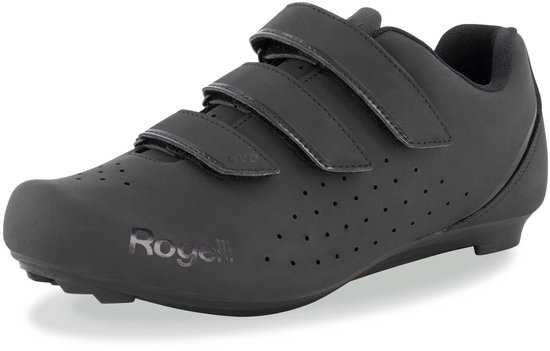 Chaussure de cyclisme noire avec trois fermetures velcro, perforations d'aération et logo Rogelli.