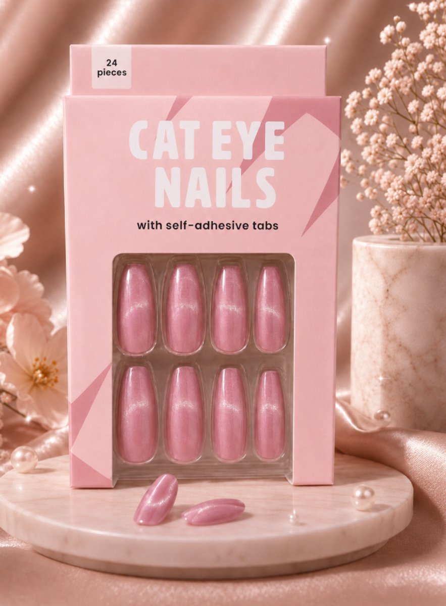 24 Stuks Press-On Nagels -Cat Eye - Coffin vorm - Herbruikbaar - Incl. Lijm stickers– Glitter Roze – Inclusief Jelly Glue – Ook Verkrijgbaar in Nude Glitter