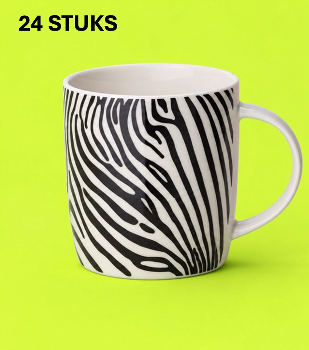 Cosy&Trendy Strepen Mokken Set van 24 – 36 cl – Leopard Animal Serie – Keramiek – Zwart/Wit Design – Trendy Koffiemokken