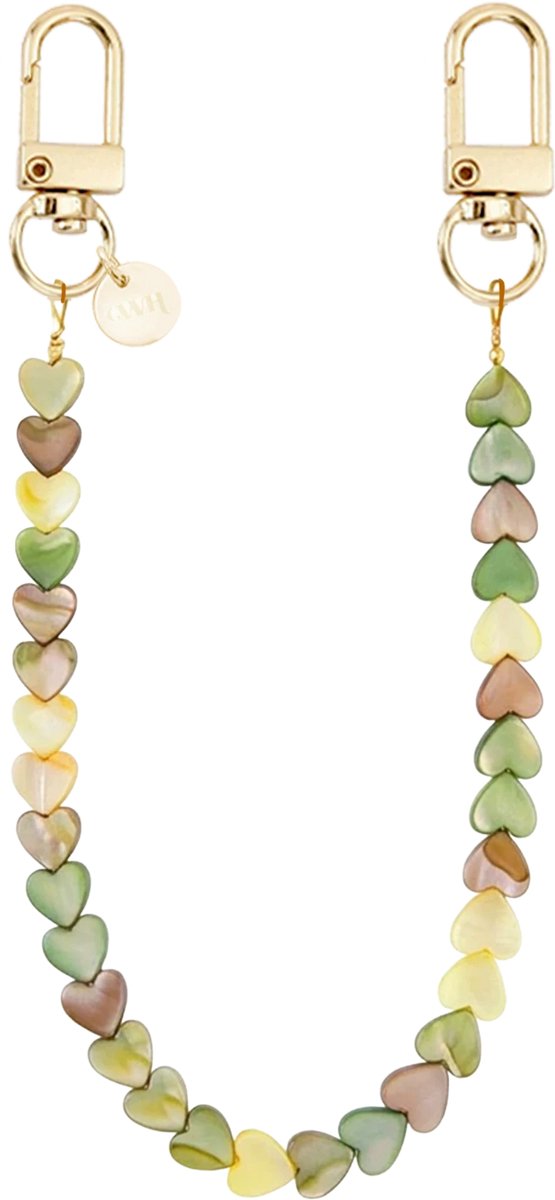 xoxo Wildhearts telefoonkoord - Shell Hearts - Olives - Kort koord - Geschikt voor iPhone - Geschikt voor Samsung - Universeel - Phone Cord - Telefoonketting - Koord voor telefoon - Telefoon hanger - Gekleurde hartjes - Geel - Groen - Bruin