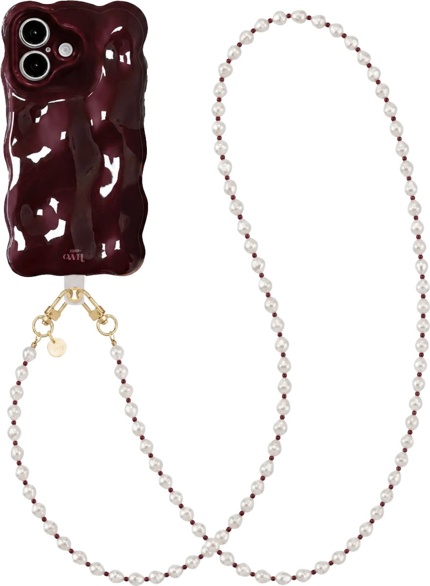 xoxo Wildhearts Bubbly case Burgundy - Burgundy Pearl (lang koord) - geschikt voor iPhone 17 - Hoesje met telefoonkoord - golvend hoesje met kralenketting - Telefoonhoesje met afneembaar koord - schokbestendig - Bordeaux rood / Burgundy