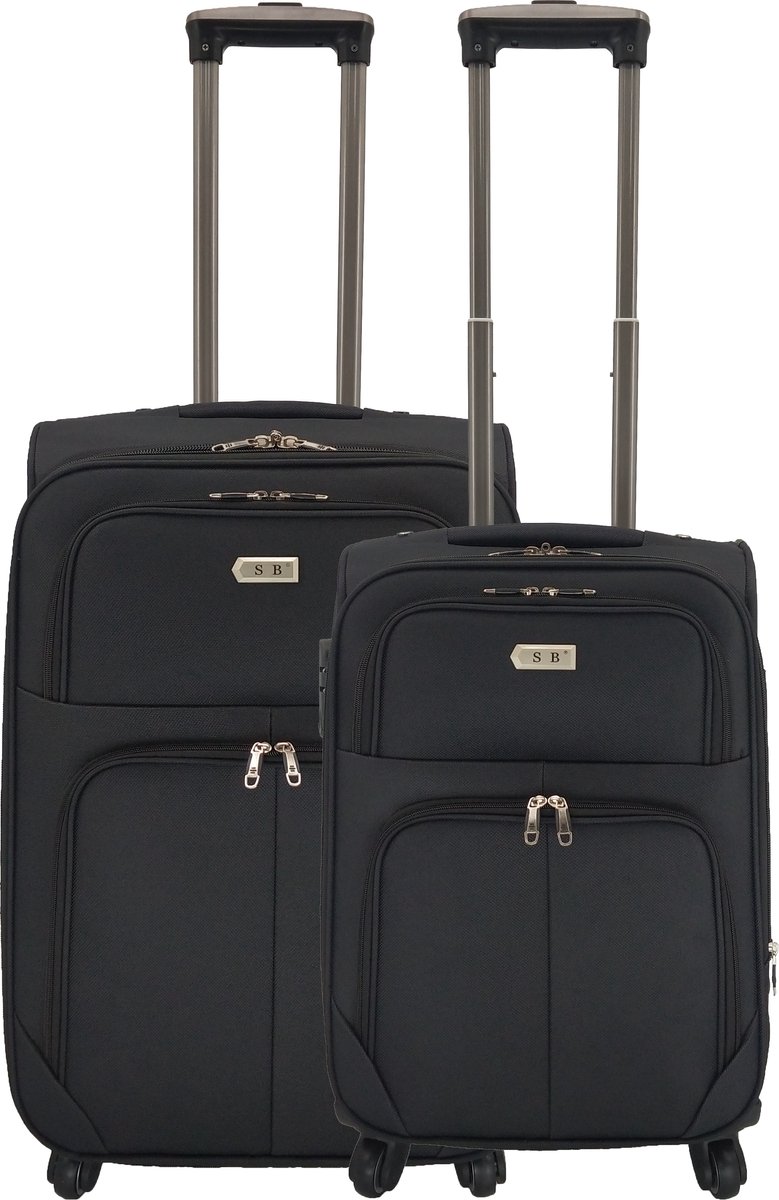 SB Travelbags 2 delige bagage stoffen kofferset 4 wielen trolley - Zwart - 65cm/55cm