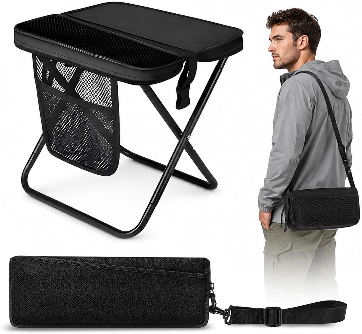 Opvouwbare kruk - Zwart - 31 x 31 x 28 cm - Lichtgewicht koolstofstaal en Oxford stof - Draagbare campingstoel voor outdoor gebruik