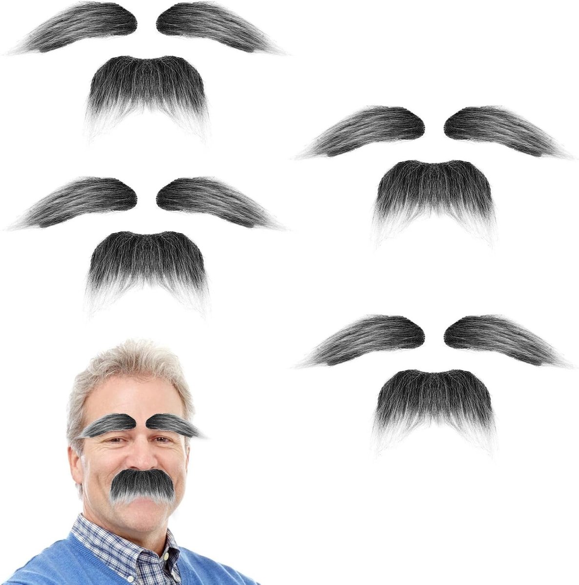 Set van 4 Nepwimpers en Grijze Snorren voor Feestelijke Kostuums, Cosplay, Halloween en Kerstfeest Accessoires