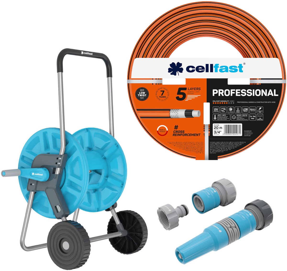 Cellfast-tuinslang, PROFESSIONAL 3/4" 20 m + Cellfast Aluplus-slangwagen 1/2" 60 m + Set met rechte sproeier 3/4" IDEAL