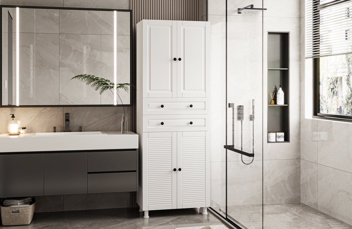 IZEL MULTIFUNCTIONELE COUNTRY KAST MET 4 DEUREN EN 2 LADEN – Ladekast, Opbergkast, Dressoirkast, Woonkamerkast, Slaapkamerkast, Extra Opbergruimte, Country Stijl, Moderne Kast, Praktische Opbergkast voor Woonkamer, Slaapkamer en Hal, Wit