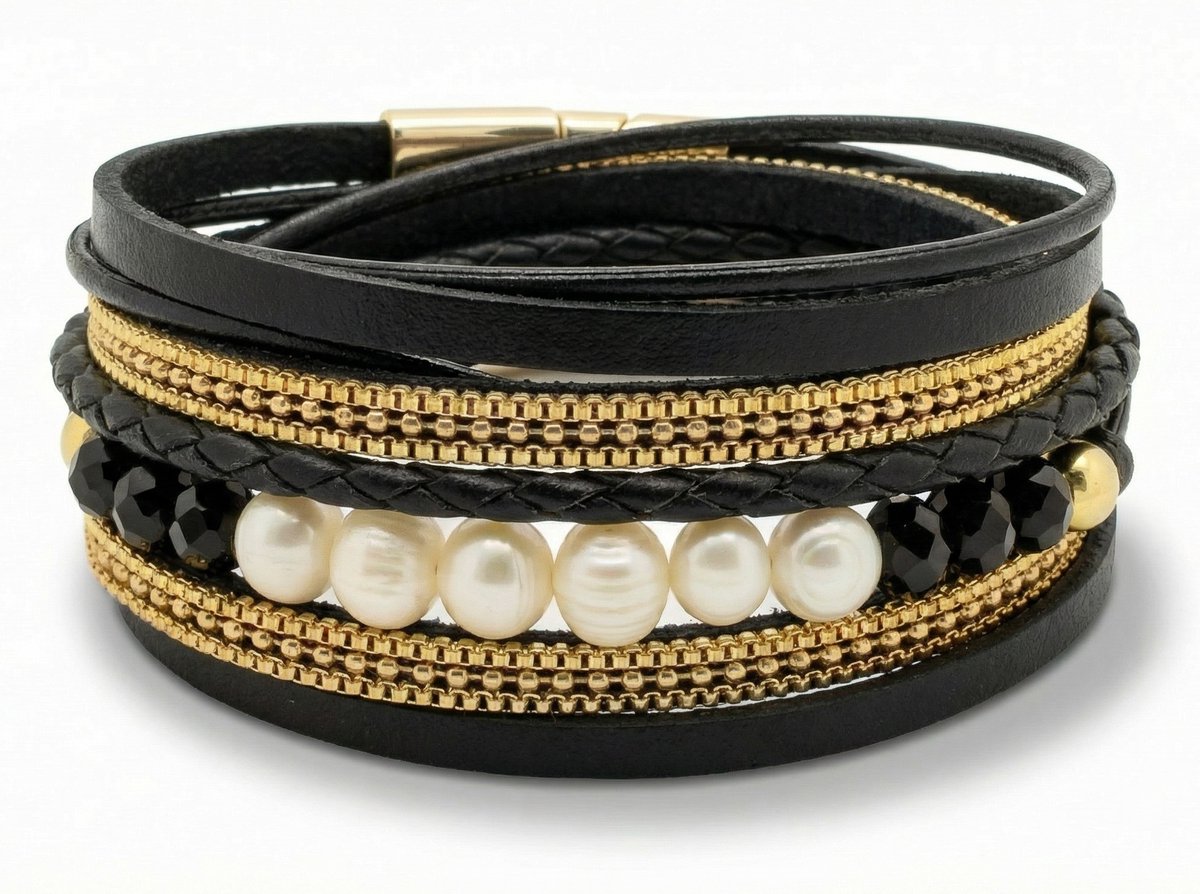 Wikkelarmband Dames Zwart- Leren armband Galeara design Perla 19,5cm met Parels Rosekleurig