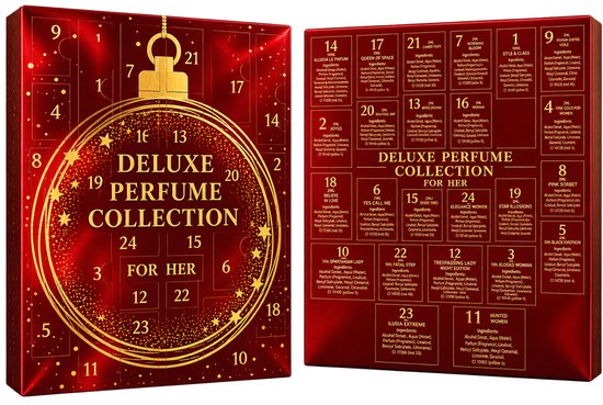 Adventskalender met 24 deurtjes, rode voorkant met gouden details en een kerstkrans met 'DELUXE PERFUME COLLECTION FOR HER' erop.