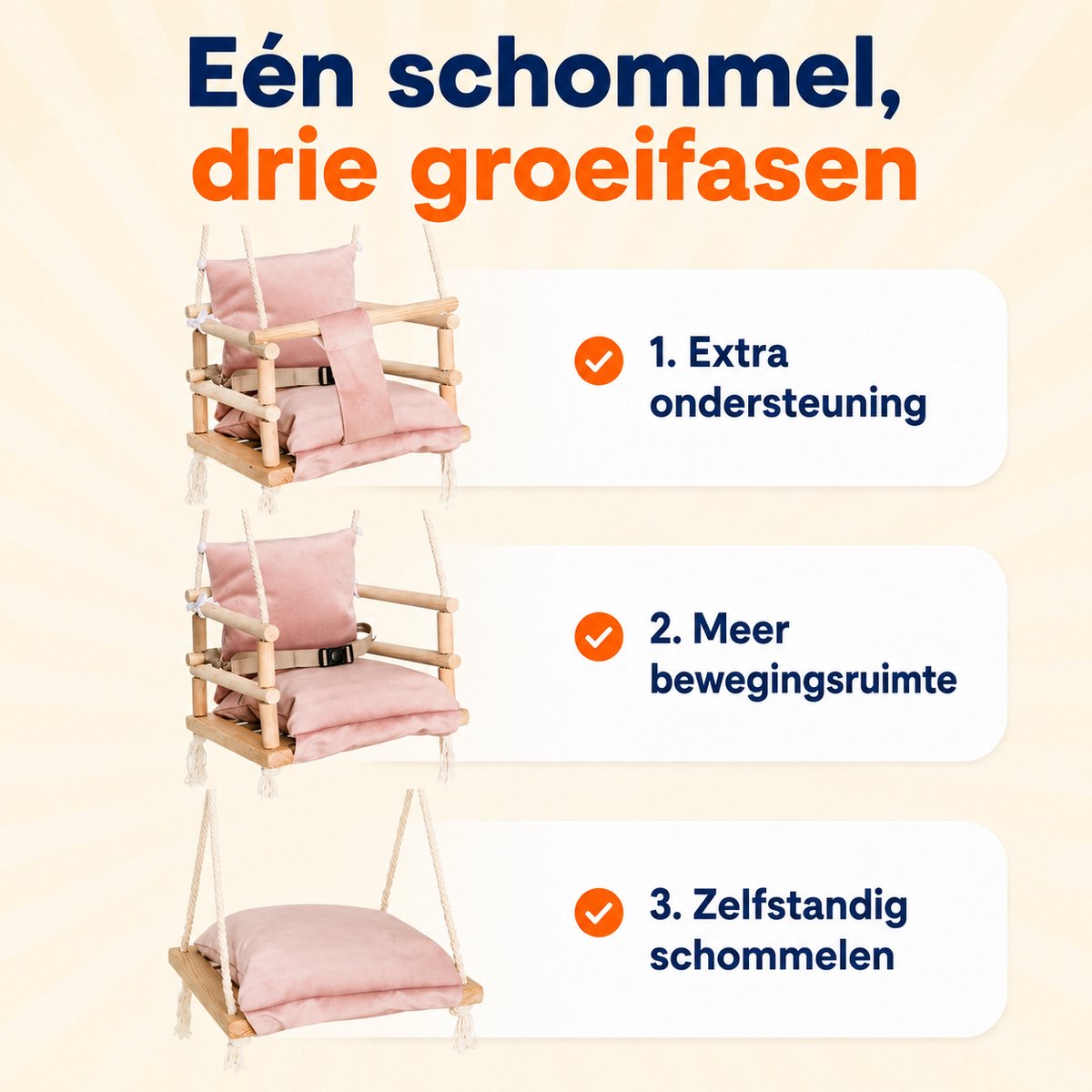 Trendmix Babyschommel Roze 3-in-1 – Houten Meegroei Kinderschommel – Vanaf 8 Maanden – Inclusief Ophanghaken – Tot 25 kg — afbeelding 3