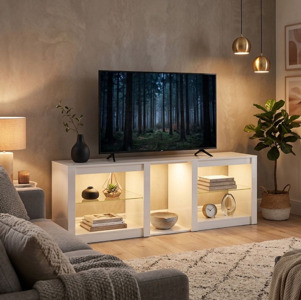 Tv Meubel - RGB Led Verlichting - Voor Televisies Tot 75 Inch - Hoogglans Wit - 160x35x52 Cm