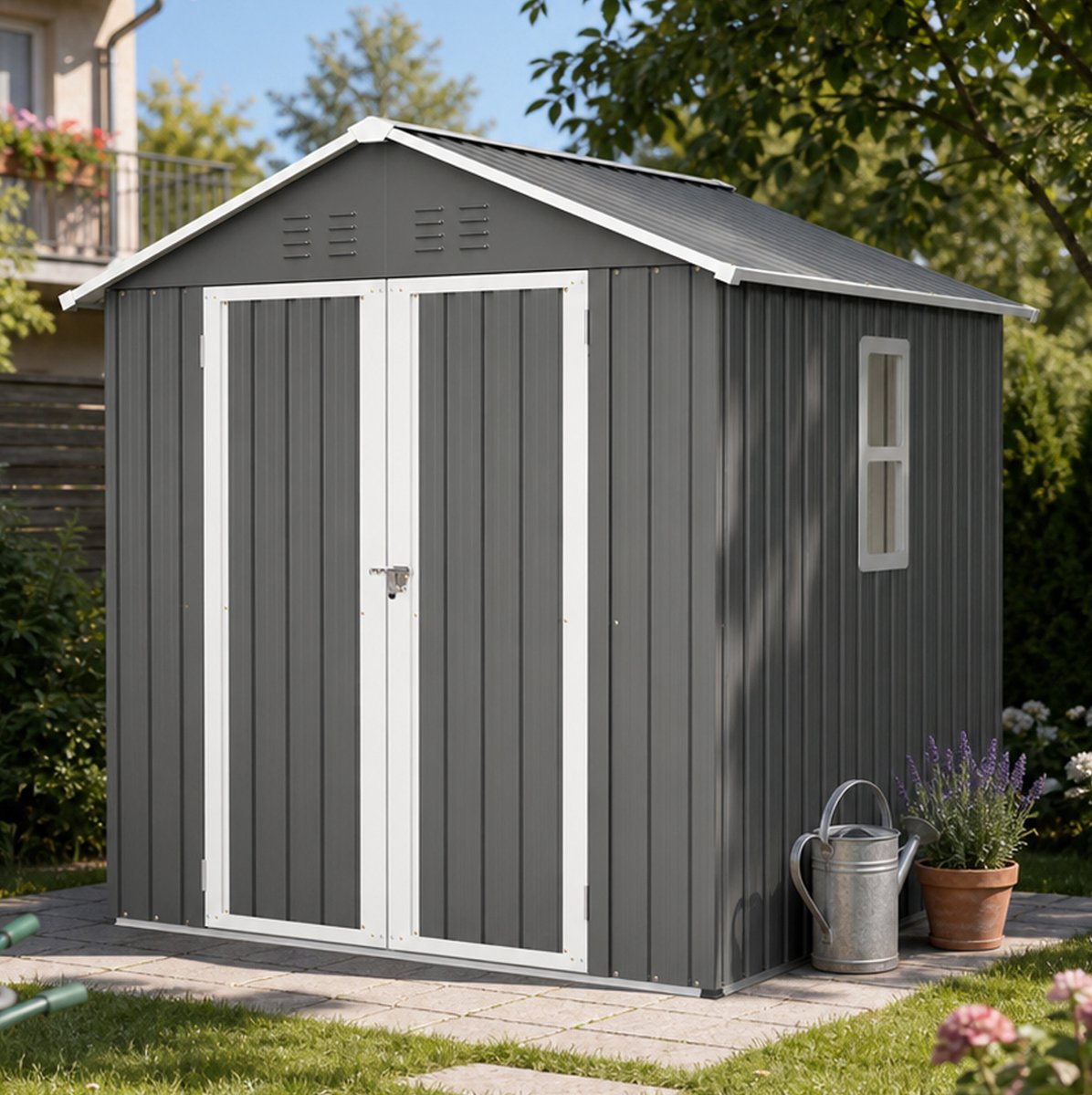Schuur Veilig Met Slot 184 8 x 182 x 191 1 cm Metaal Grijs Voor Tuin Terras En Erf Met Raam En Ventilatie