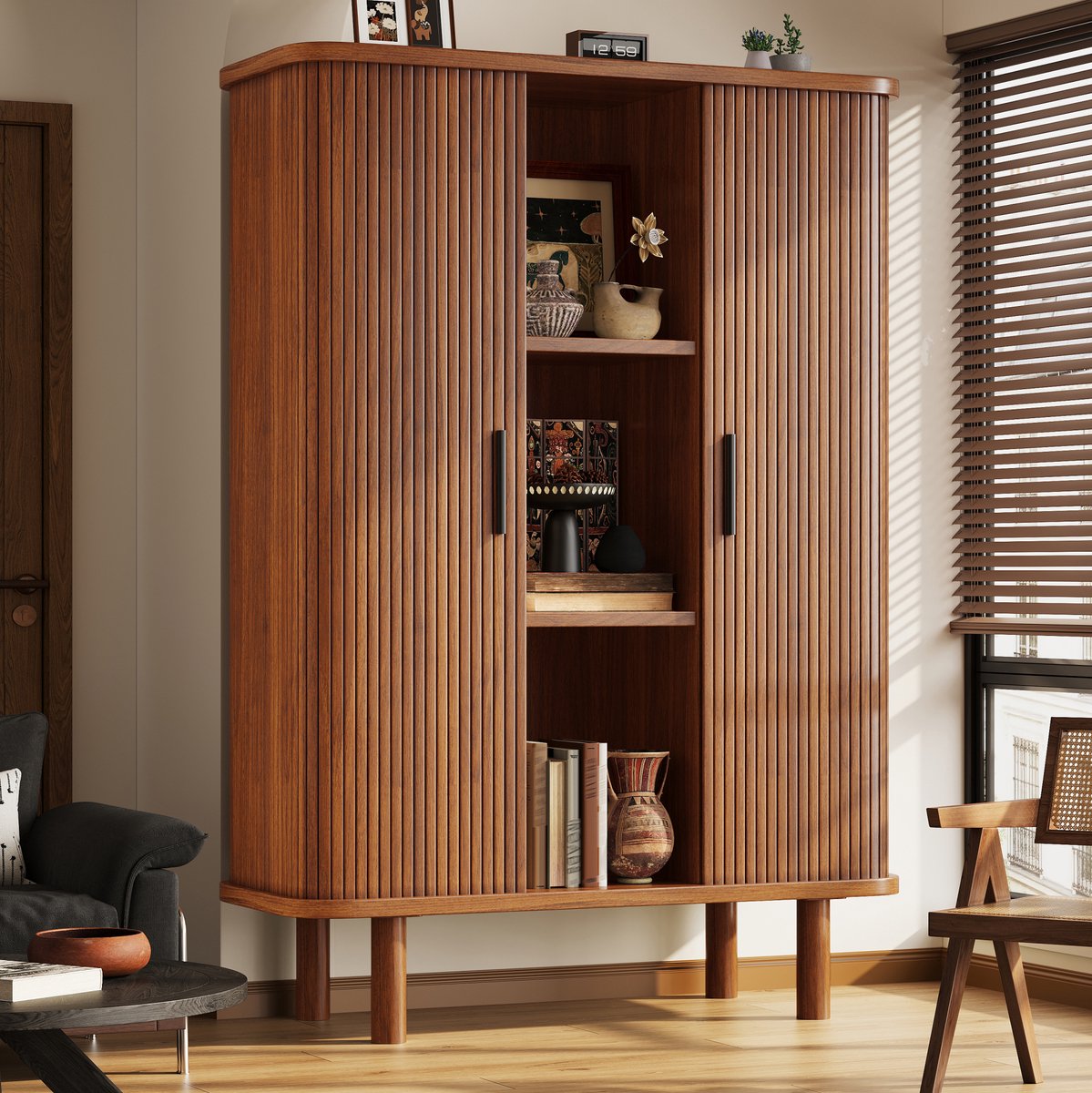 Wishdor Dressoir - Roldeur en geribbelde front - Afgeronde randen - Verstelbare planken - Woonkamer slaapkamer eetkamer - MDF en hout - Donkerbruin - 110 x 40 x 160 cm
