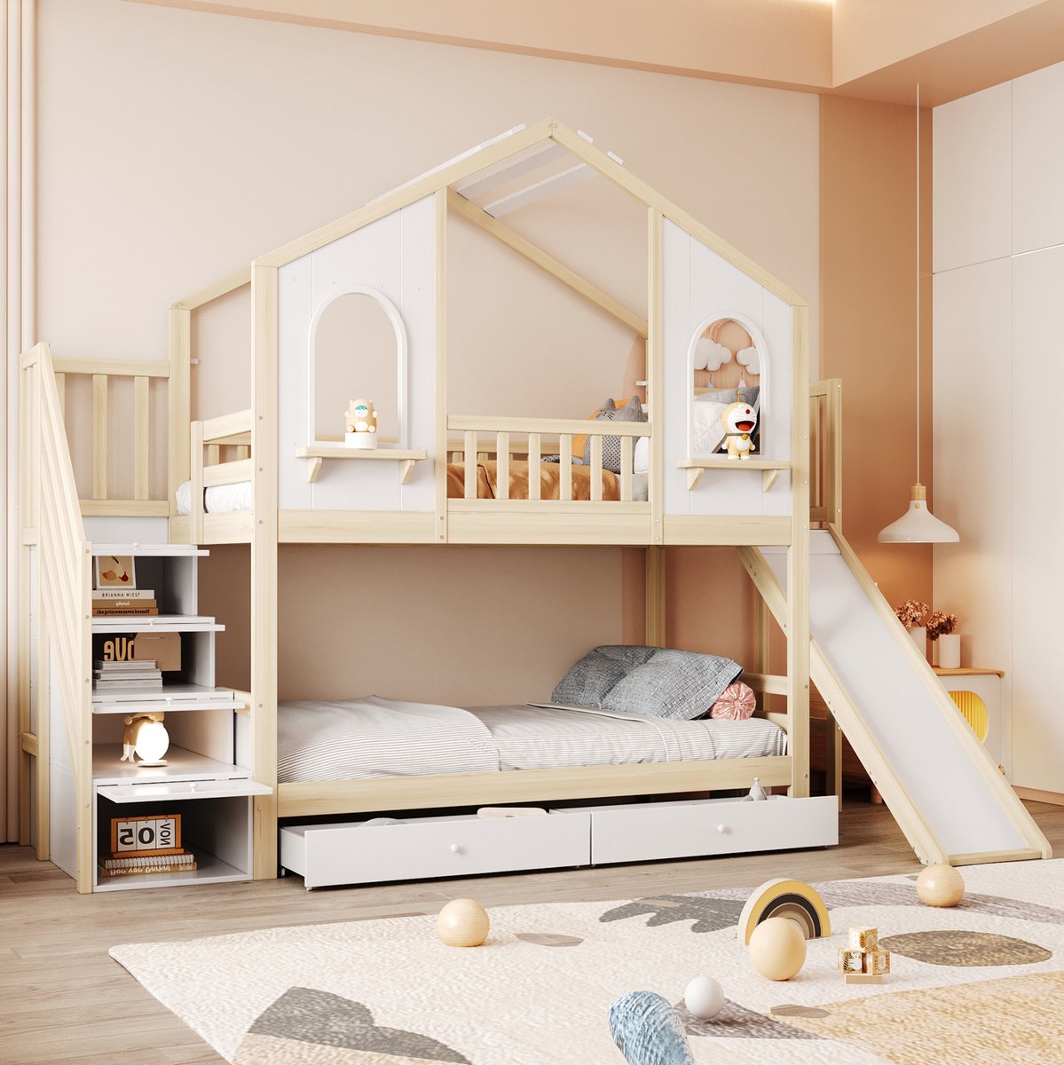 COVREO Kinder-stapelbed met glijbaan en opbergleider – 294x96x221,5 cm – Huisbed voor kinderen – Wit/Houtkleur - zonder matras