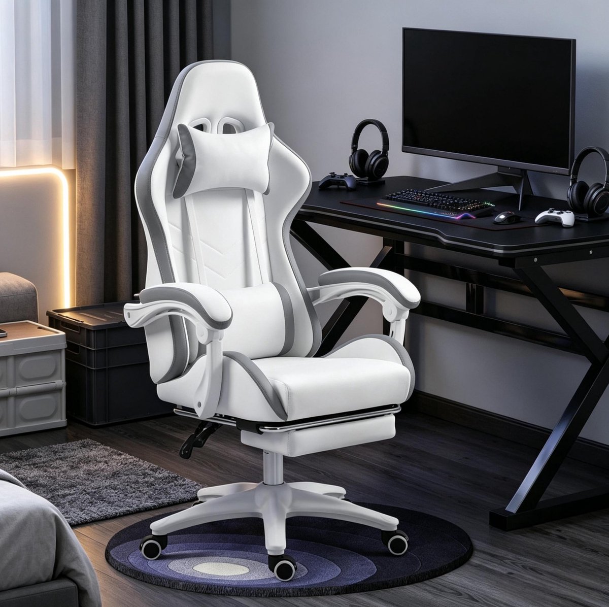 REDOM - Gamingstoel - 135° kantelbare rugleuning - Verstelbare lendensteun en hoofdsteun - Afneembare voetsteun - Bureau en gamekamer - Kunstleer - Wit - 65 x 65 x 129 cm