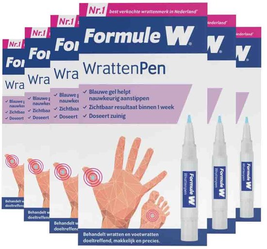 Formule W Wrattenpen verpakking met 3 pennen, toont behandelde voet en hand met wratten.