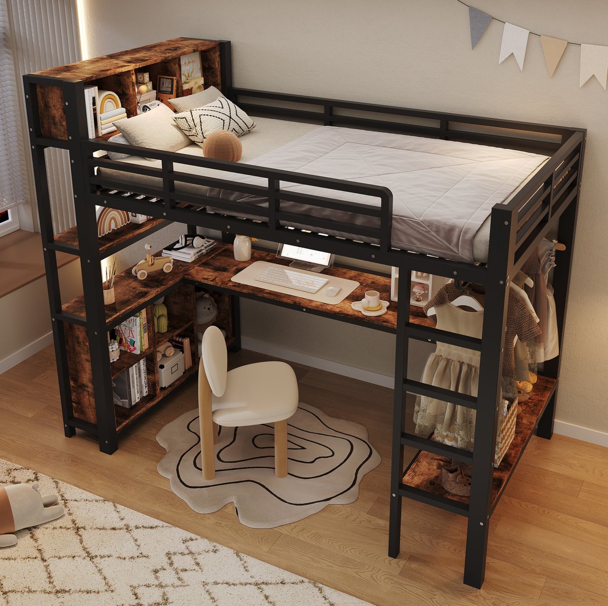 STILVORA Hoogslaper 90 x 200 cm Met Bureau, Kledingrek En Opbergruimte Voor Kinderen, Metaal En MDF, Zwart Zonder Matras