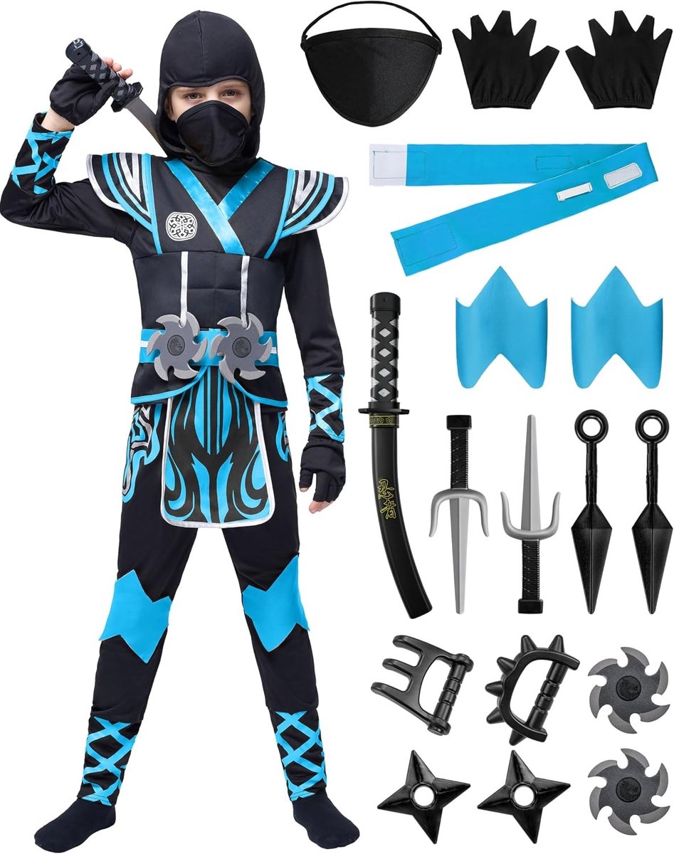 Kinderen Blauwe Ninja Kostuum Set voor Halloween - Perfect voor Jongens van 10-12 Jaar, Thema Verkleedkleding en Speelgoed