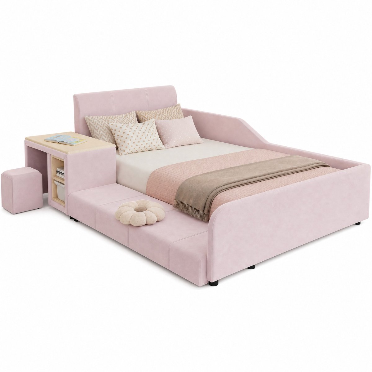 WUVRIE Kinderbed 90x200 cm met bureau, hocker en opbergplank, roze fluweel
