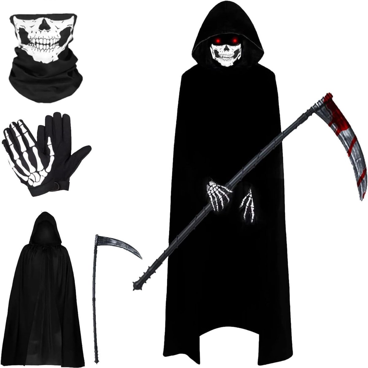 Halloween Kostuum met Kap - Zwart Hooded Cape voor Volwassenen, Skelet Thema, Feest en Carnaval Decoratie