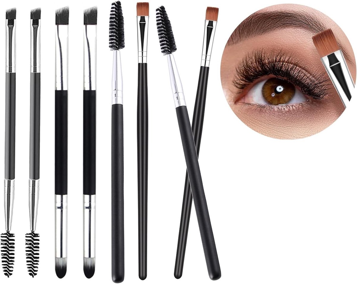 Complete Set van 8 Professionele Oogmake-up Penselen voor Perfecte Wenkbrauwen en Oogschaduw, Inclusief Dubbelzijdige Wenkbrauw- en Wimperborstels voor Vrouwen en Meisjes
