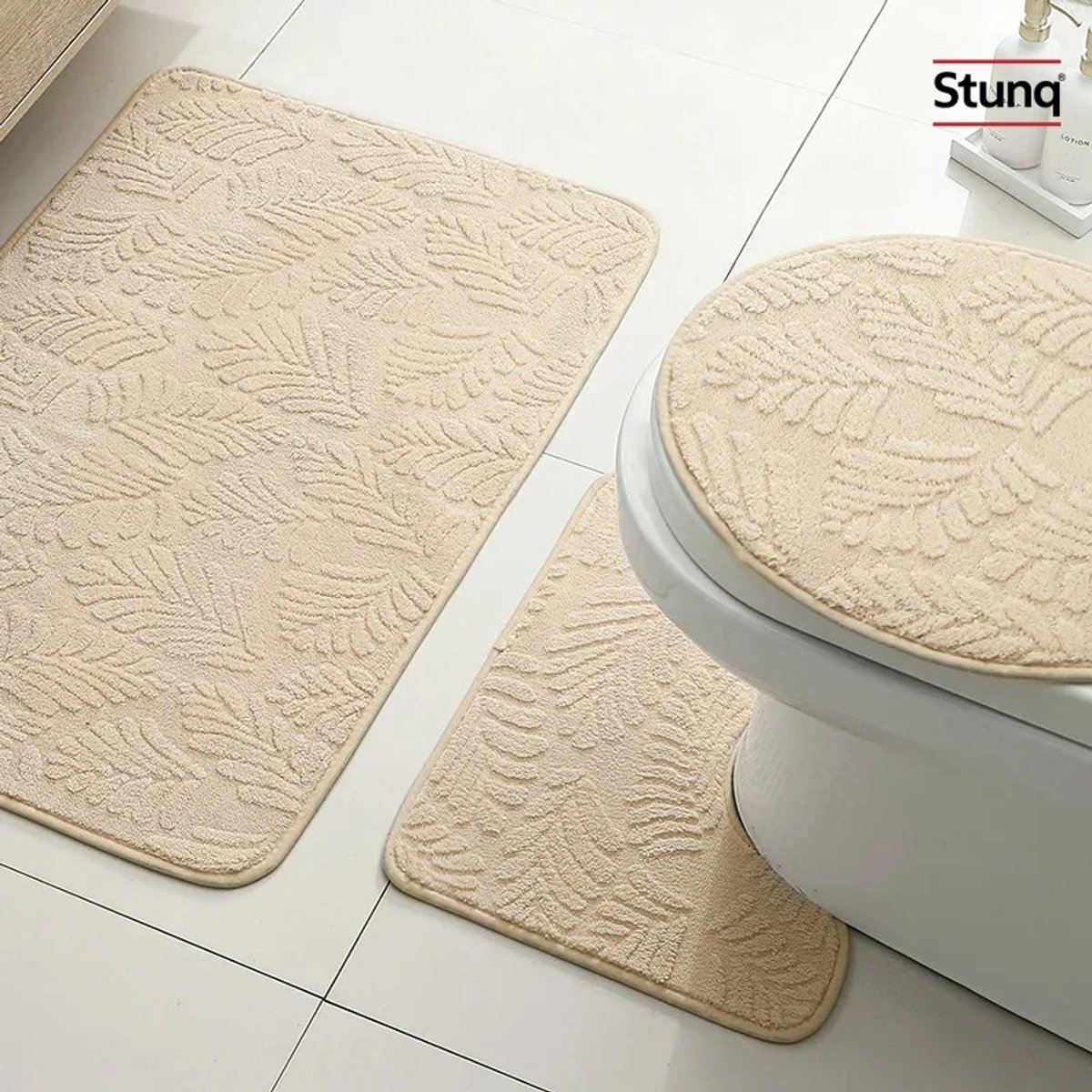 Stunq® 3-delige badkamerset met bladpatroon - Beige