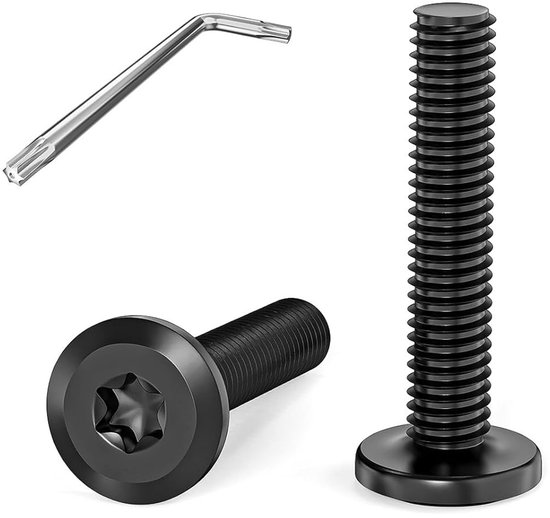 Zwarte M4x20 Torx platkopschroef met inbussleutel, een liggende schroef en een staande schroef.