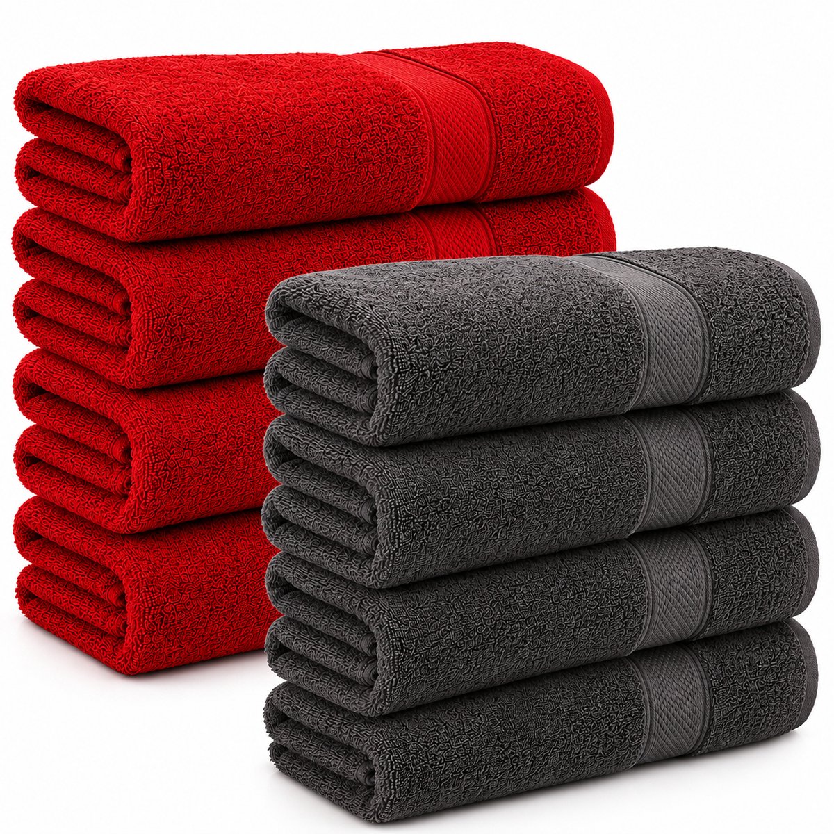 Komfortec handdoeken – Set van 8 - Badhanddoek 50x100 cm - 100% Katoen - Antracietgrijs&Rood