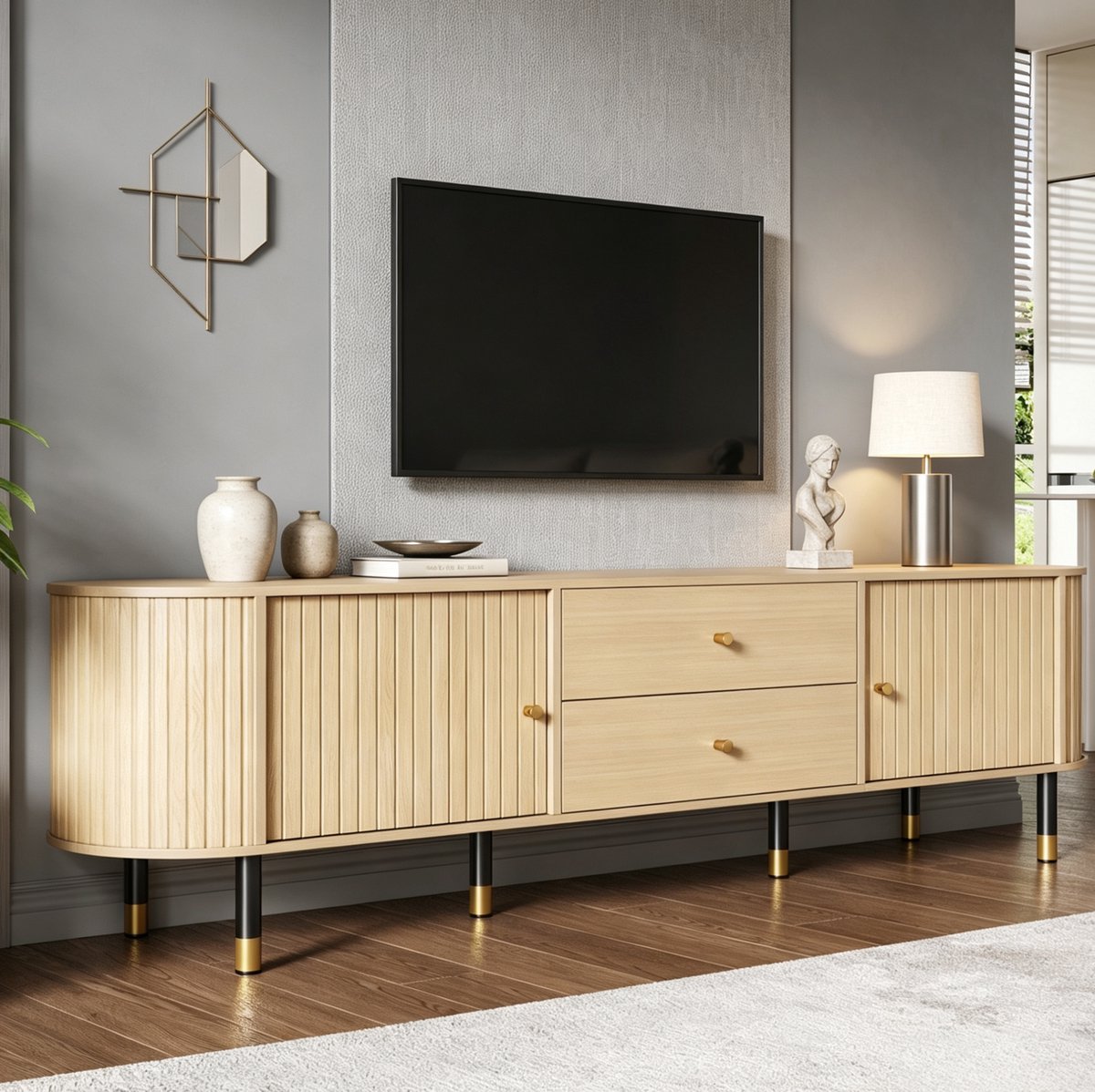 MODENUIT TV Meubel - Ovaal Lowboard Met Schuifdeuren En Lades - Woonkamer - MDF - 180x40x58 Cm - Natural