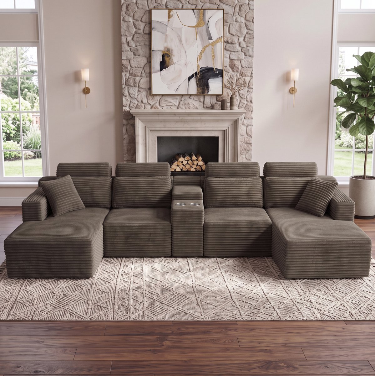 REDOM - U-bank - Modulair ontwerp - Ingebouwde dubbele bekerhouders - Afneembare rugkussens - Woonkamer - Stof en schuim - Khaki - 372 x 151 x 80 cm