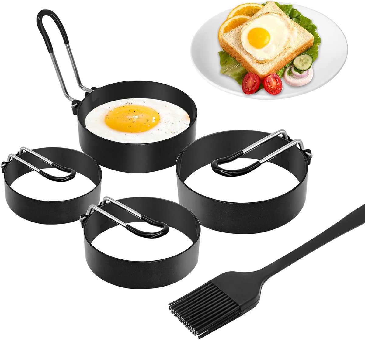 4-delige Spiegelschaal Eimaker Set, 2.95/3.93 Inch Pannenkoekvorm, Antiaanbaklaag, Inclusief Flip Handvatten en Siliconen Kwast, RVS Eivorm voor Perfecte Spiegelschelp Eieren