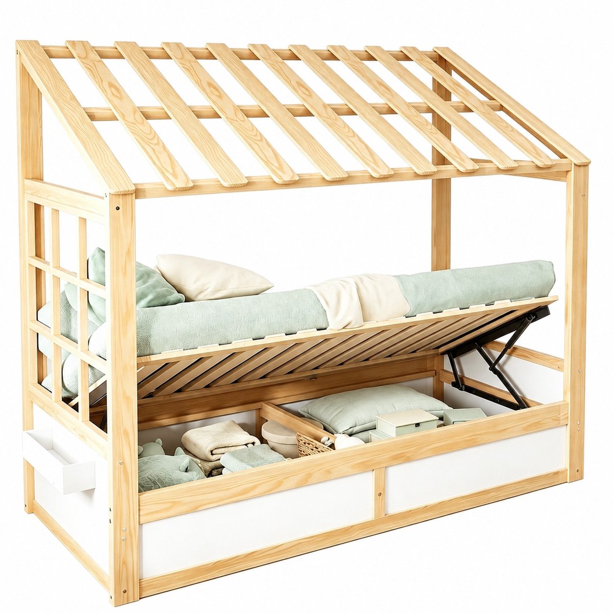 WUVRIE Kinderbed 90x200 cm met dak, raamdetails, hydraulische opbergruimte en zijvakken, wit/naturel