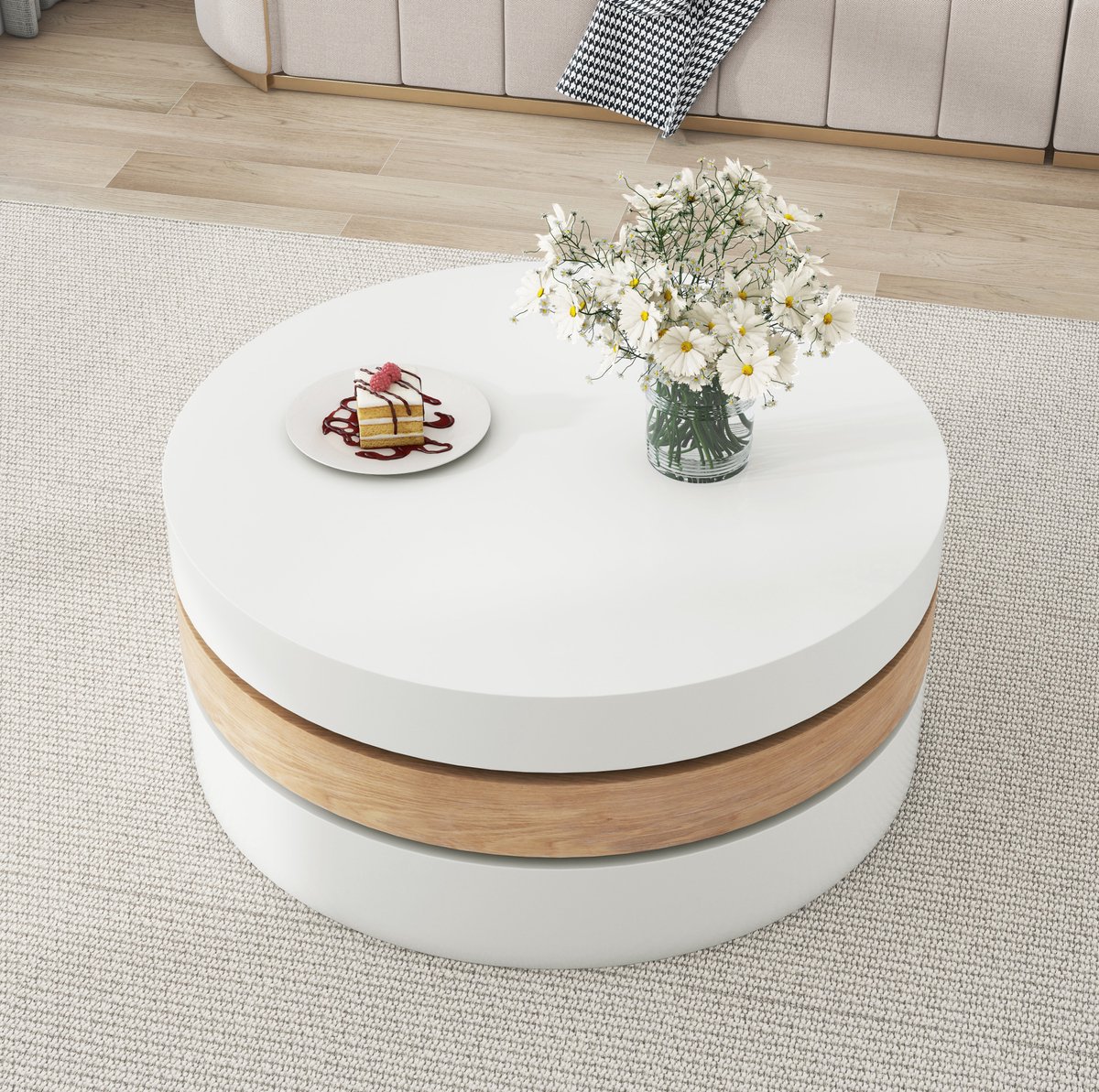 MODENUIT Salontafel - 360° Draaibaar Met Verborgen Opbergruimte - Voor Woonkamer - MDF - 60x60x35,1 Cm