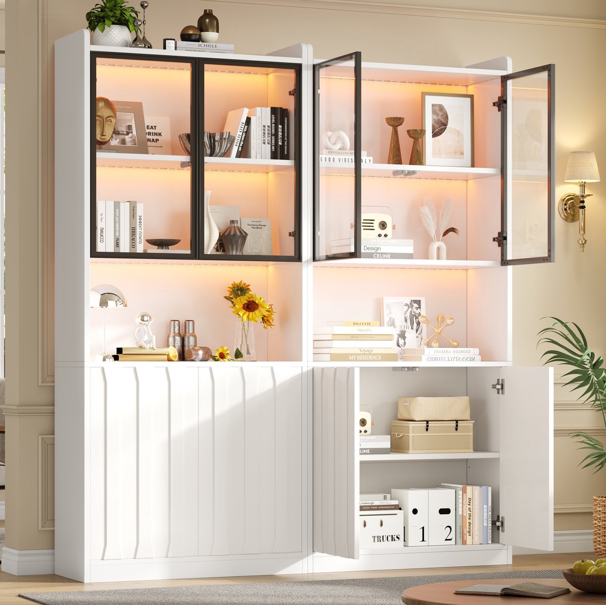 REDOM - Vitrine - 2-delige kastcombinatie - Glazen deuren en open vakken - Bluetooth LED-verlichting - Woonkamer - Spaanplaat en glas - Wit - 160 x 35 x 200 cm