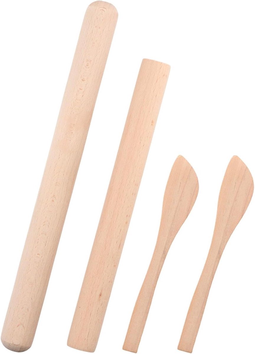 Set van 2 houten deegrollers van 25 en 30 cm, inclusief houten lepel en spatel voor fondant, taarten en koekjesdeeg