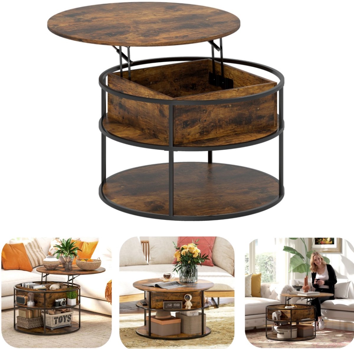 Bureau - koffietafel - verstelbaar bureau - opbergkoffietafel - massiefhouten ronde tafel - theetafel - met plank - grote capaciteit - draaggewicht 30KG - thuisaccessoires - geschikt voor tuin, woonkamer, appartement (bruin, 80*61,5cm)
