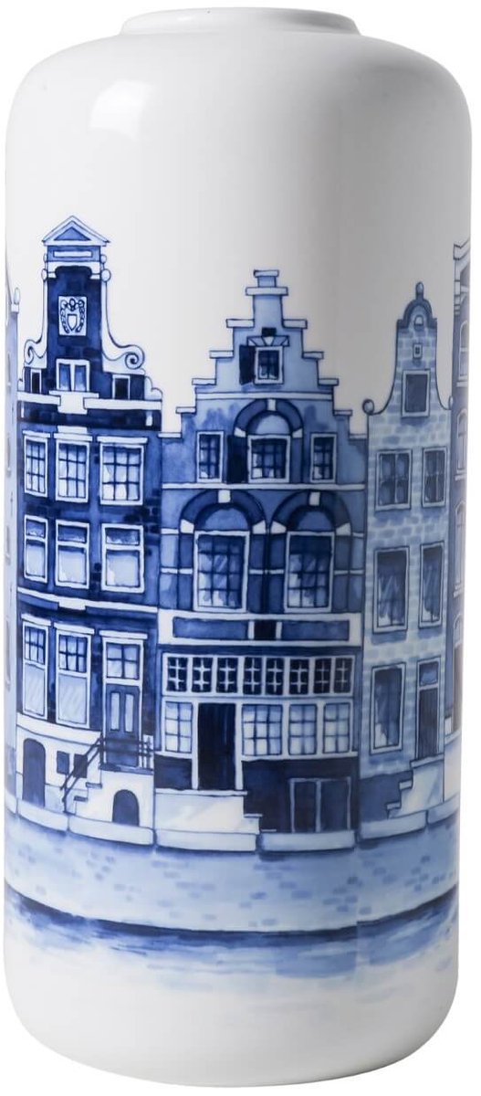 Heinen Delfts Blauw Cilindervaas - Huisjes - Keramiek - 31 cm Wit