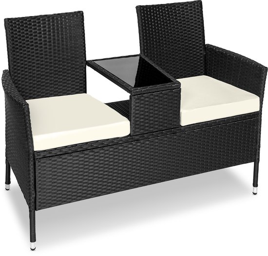 tectake® Wicker Tuinbank met Tafel - 2-zits Tuinstoelen - 133 x 63 x 84 cm - UV- en Weerbestendige Bank voor Tuin, Balkon en Terras - Tuinbank inclusief Zitkussen - Zwart/Beige