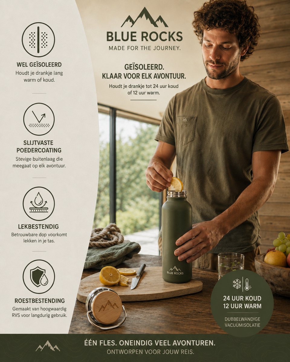 Blue Rocks® - Summit RVS - Thermosfles 750ml - Waterfles - Dubbelwandige drinkfles - Plasticvrij - Loodvrij - Geisoleerde fles - School - Kind - Warme Koude dranken - Reizen, Wandelen, Werk, Sport, Yoga - Dagelijks gebruik - Zilver - RVS — cadeau in Sport & Outdoor - foto 4