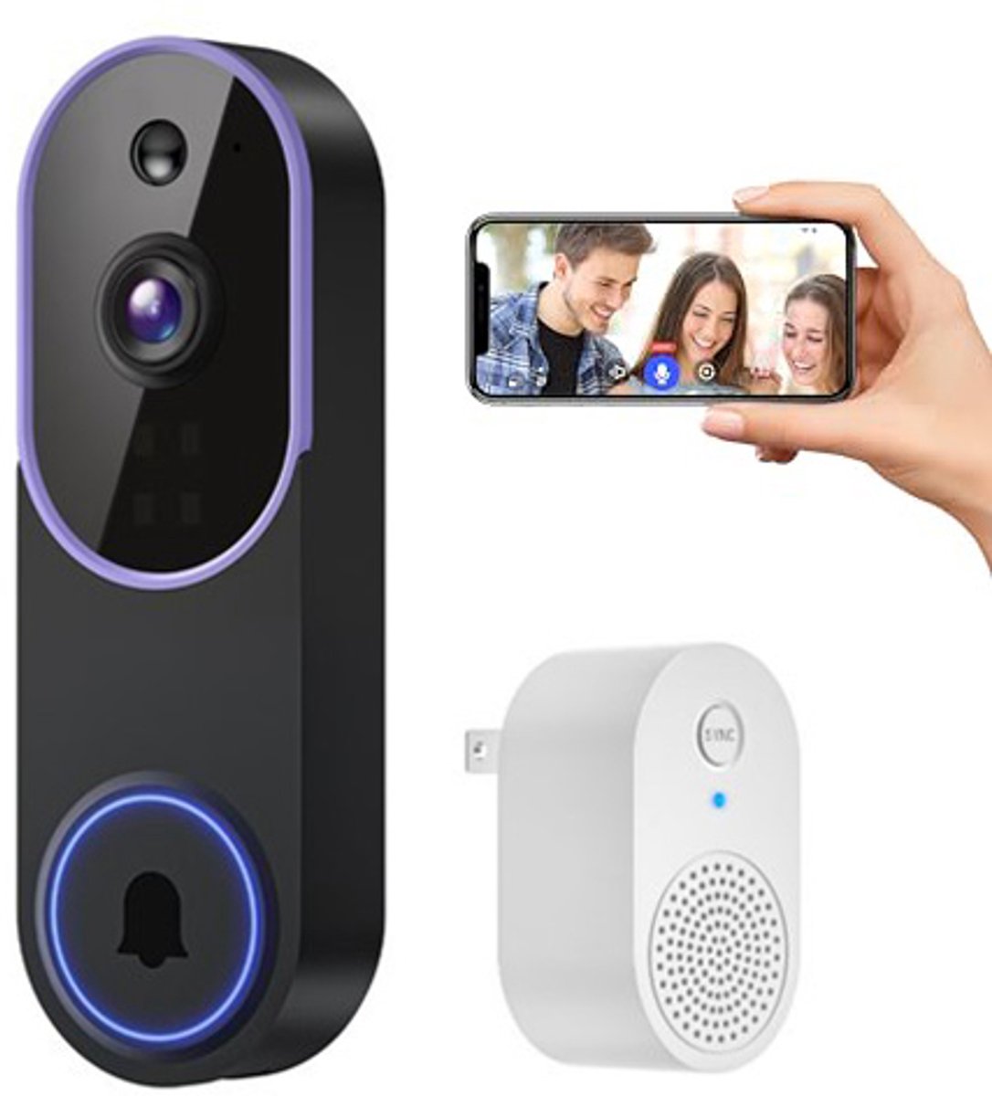 Deurbel draadloos – Videodeurbel - Slimme Deurbel - Deurbellen met camera - WiFi Deurbelcamera - Draadloze Videodeurbel met USB Gong - Voor Huis, Appartement en Kantoor - Betrouwbare huisbeveiliging – Paars