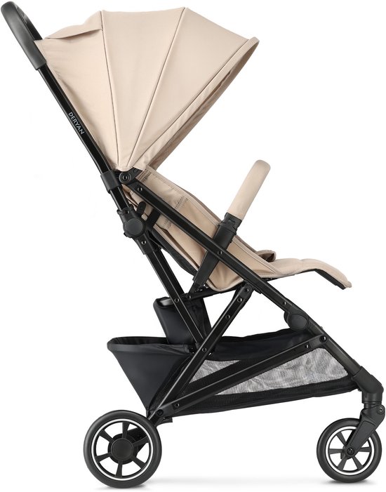 Poussette Deryan de couleur taupe avec un châssis noir et un panier de rangement.
