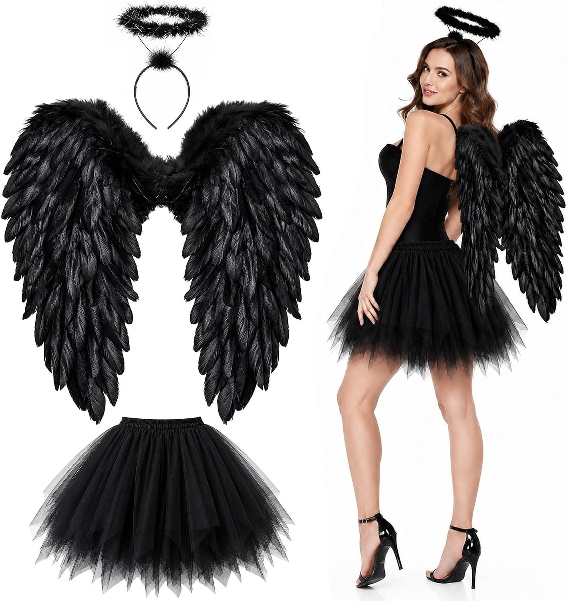 Volwassenen Kostuum met Engel Vleugels voor Halloween, Inclusief Tutu Rok en Halo voor Dames en Kinderen