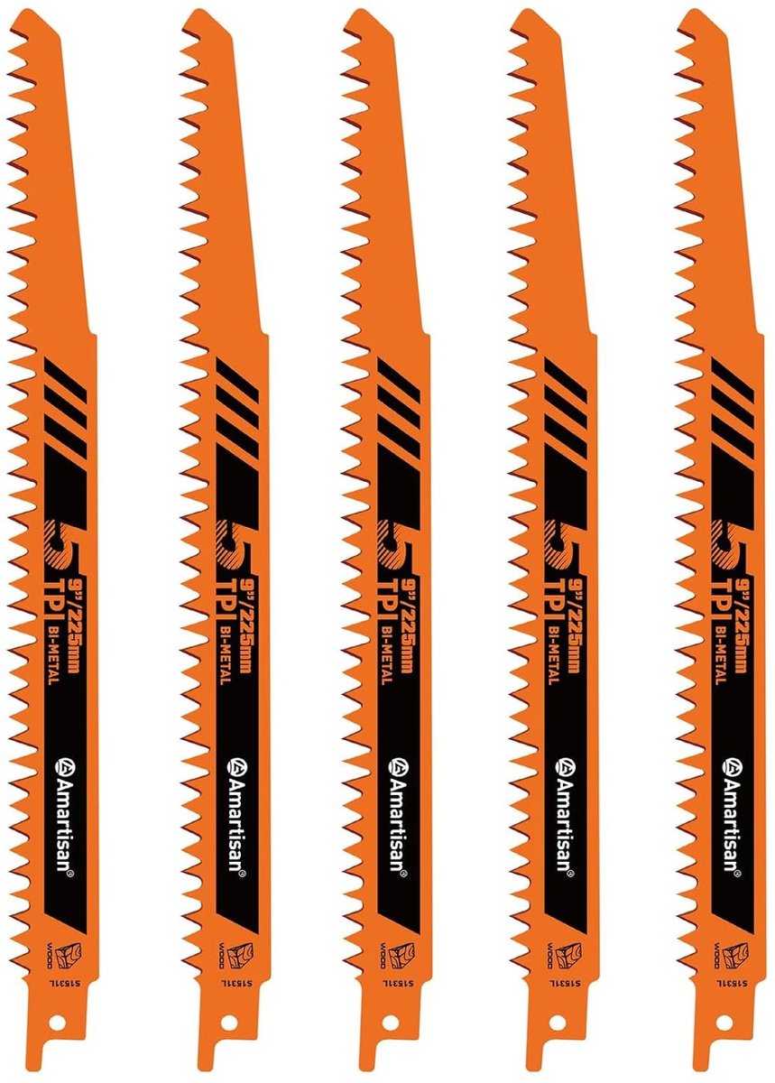 Set van 5 Reciprocating Zaagbladen 225 mm, 5TPI Vervangende Bladen voor Hout en Metaal, Ideaal voor Snoeien, Takken en Brandhout