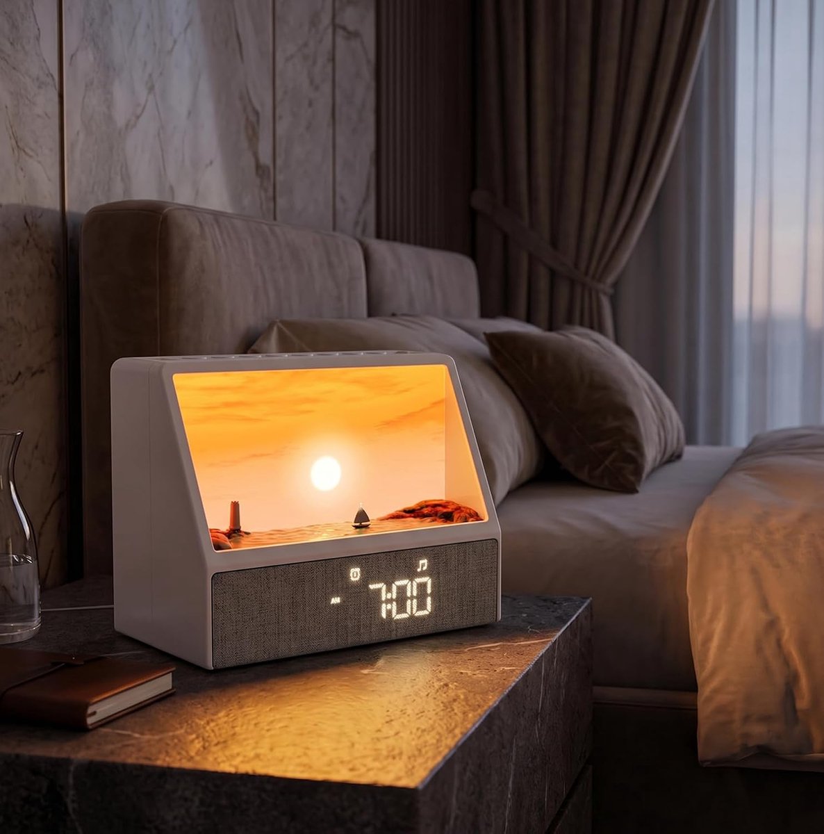 Analoge wekker met zonsopgangthema, Bluetooth-luidspreker + 24 witte ruis-tracks, luidspreker en afstandsbediening, nachtlampje met zonsondergangthema: een perfect kerstcadeau voor vrouwen.