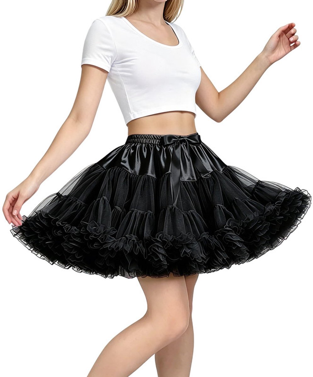 Petticoat onderrok voor dames en meisjes - Korte 3-laagse tule rok met elastische taille - Zachte satijnen voering - Voor trouwjurken, baljurken, ballet en Lolita - Zwart