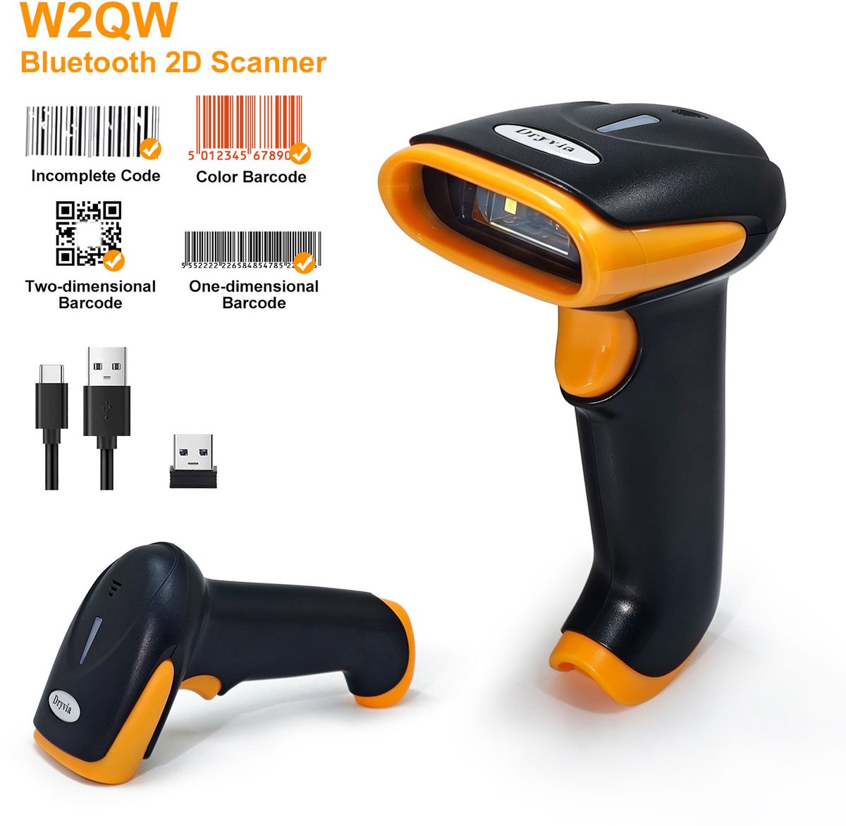 Dryvia Barcode Scanner - Draadloos - Handscanner voor 1D Barcodes & 2D QR Codes - 2.4 GHZ Plug & Play