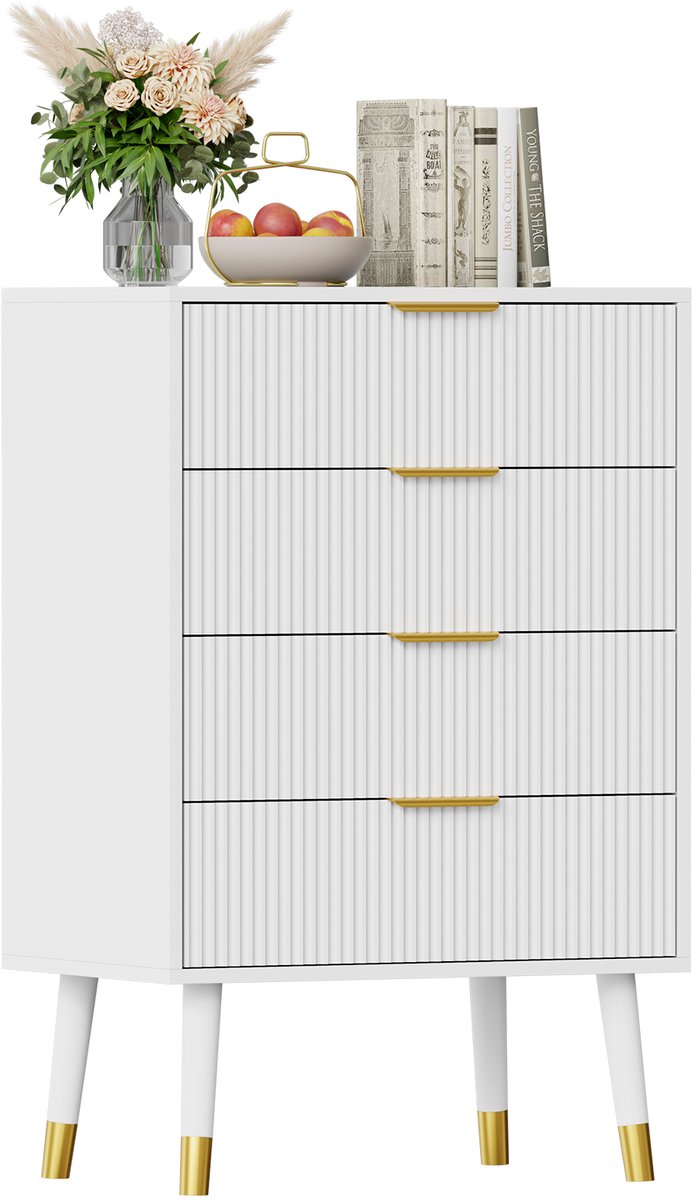 Triumpunpre Ladekast Met 4 Lades - Verticaal Geribbeld Ontwerp - Goudkleurige Handgrepen En Poten - Voor Slaapkamer - Wit