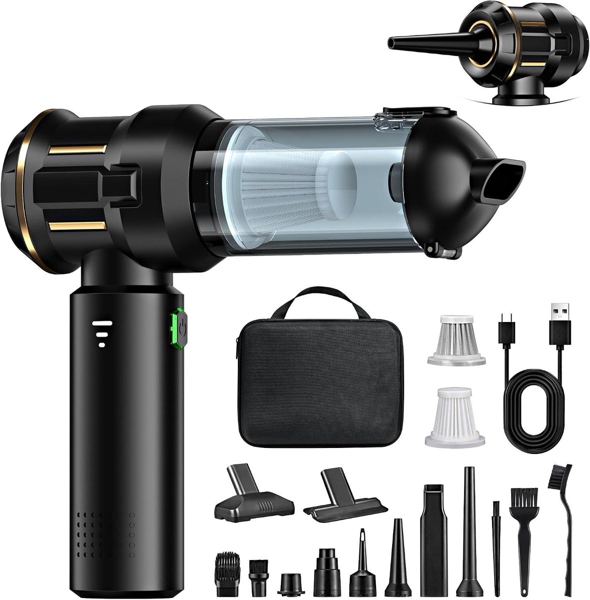 Draadloze Handstofzuiger - Mini Stofzuiger - Auto en Thuis - 4-in-1 Blaas Zuig - 25.000 Pa - Zwart