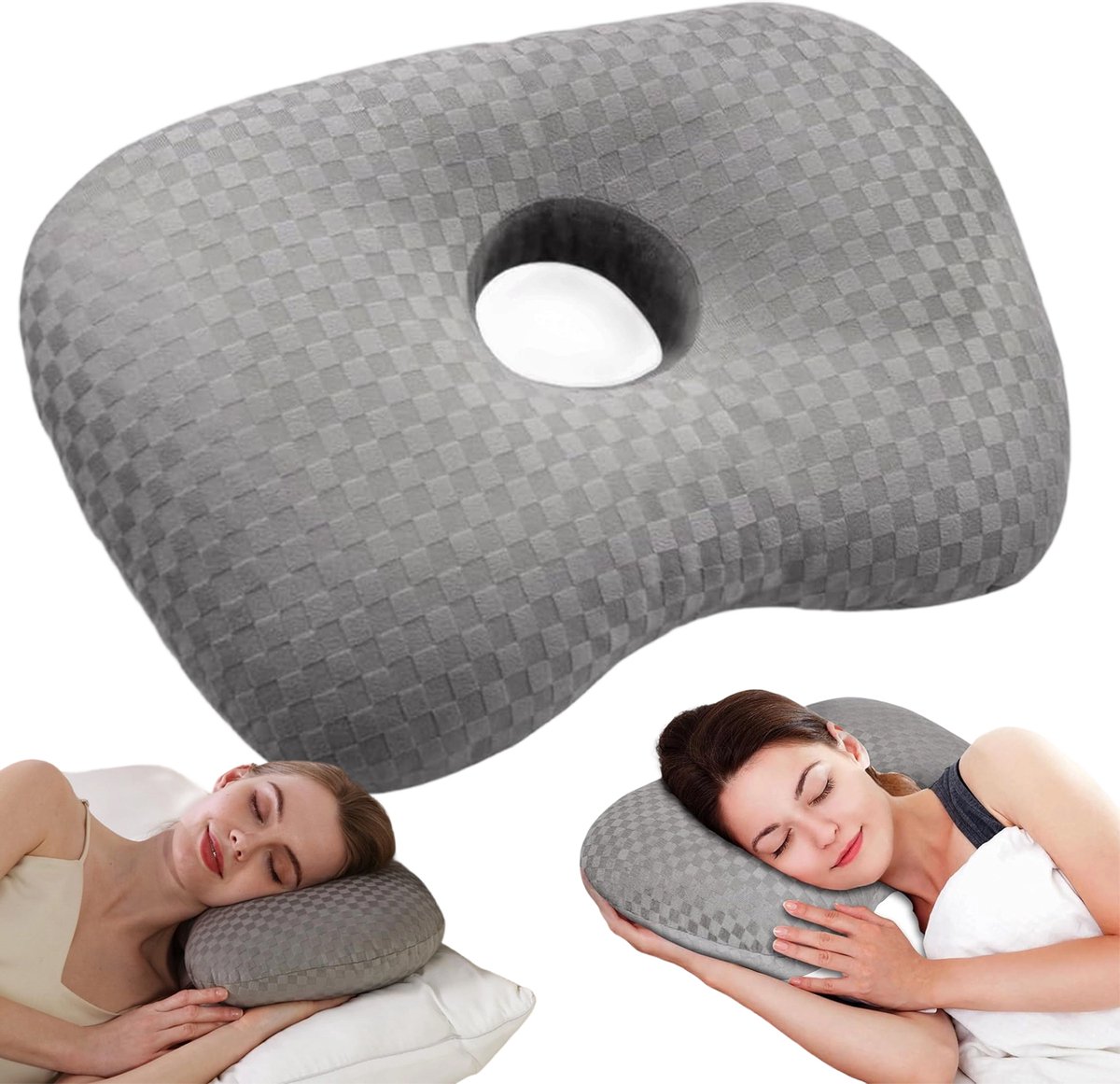 Oorkussen met Gat - Orthopedisch Piercing Hoofdkussen - Zijslaap Kussen - Ringkussen voor Oorpijn - 8,9 cm Gat - Ergonomisch Gebogen - Verstelbare Vulling - Donut Kussen - Voor Gevoelige Oren & Piercings & Gehoorapparaten