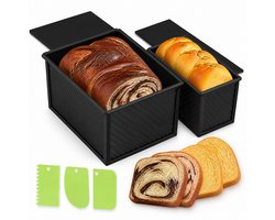 Moule à pain en 2 parties avec couvercle - Moule à toast cannelé en acier au carbone - Moule pour pain, toast et gâteau - Grand et petit moule à pain - Comprend 3 cornes à pâte - Noir